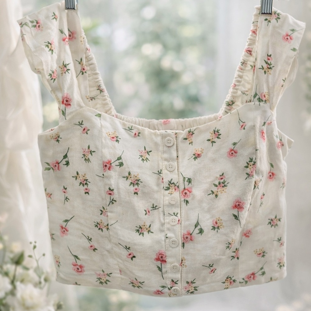 Joie Linen Floral Crop Top NWOT Smocked Pink Roses Cottagecore M
